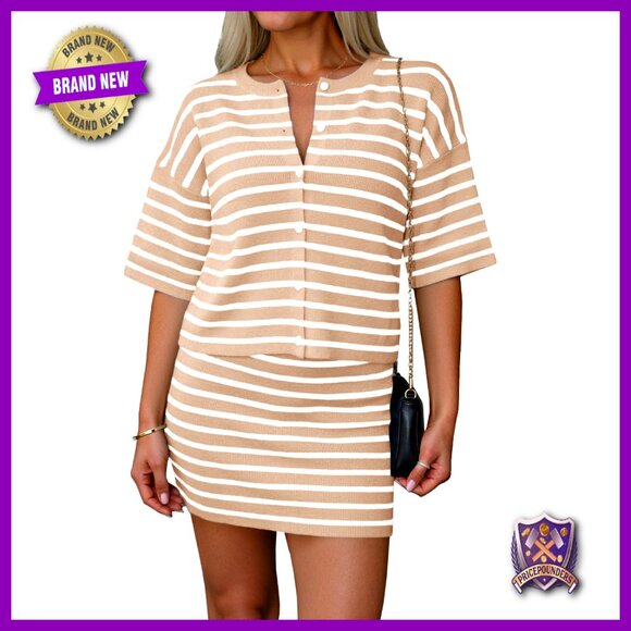 Striped Knit Two Piece Set Short Sleeve Cardigan Mini Skirt Lounge Wear